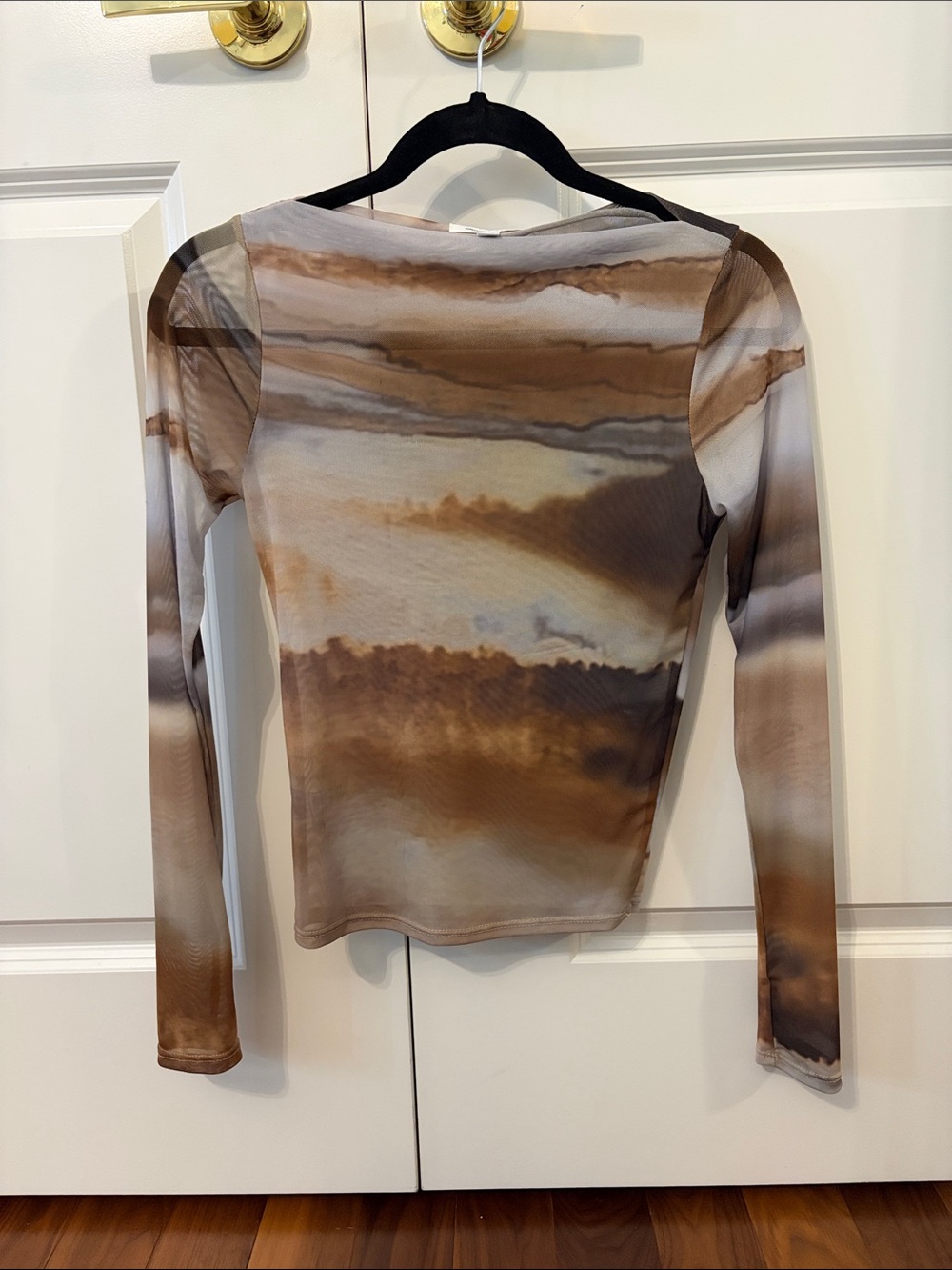 Women's Brown & Cream Long-Sleeve Sheer Mesh Top